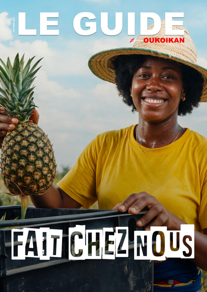 Couverture du Guide Oukoikan n°50 : jeune femme souriante en t-shirt jaune tenant un ananas