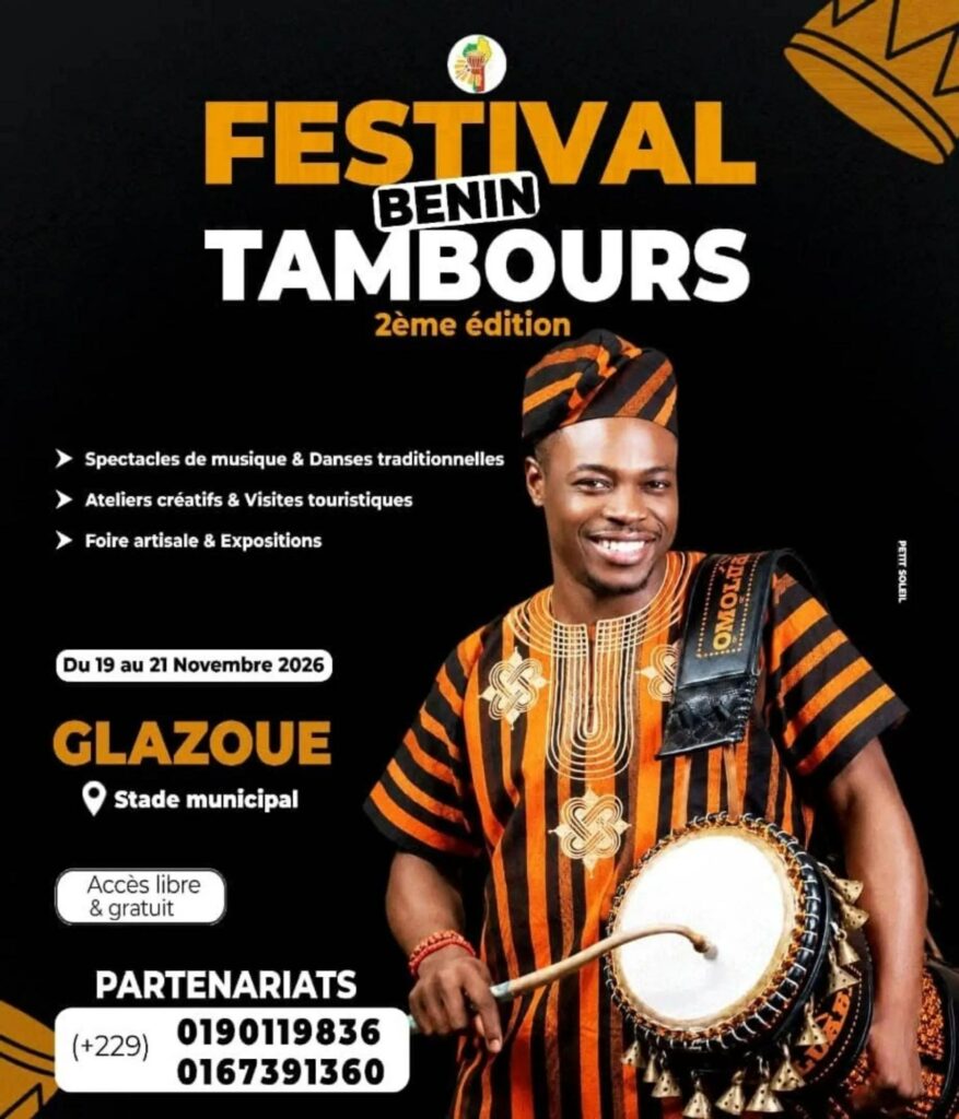 Affiche du Festival Bénin Tambours 2e édition, du 19 au 21 novembre au stade municipal de Glazoué