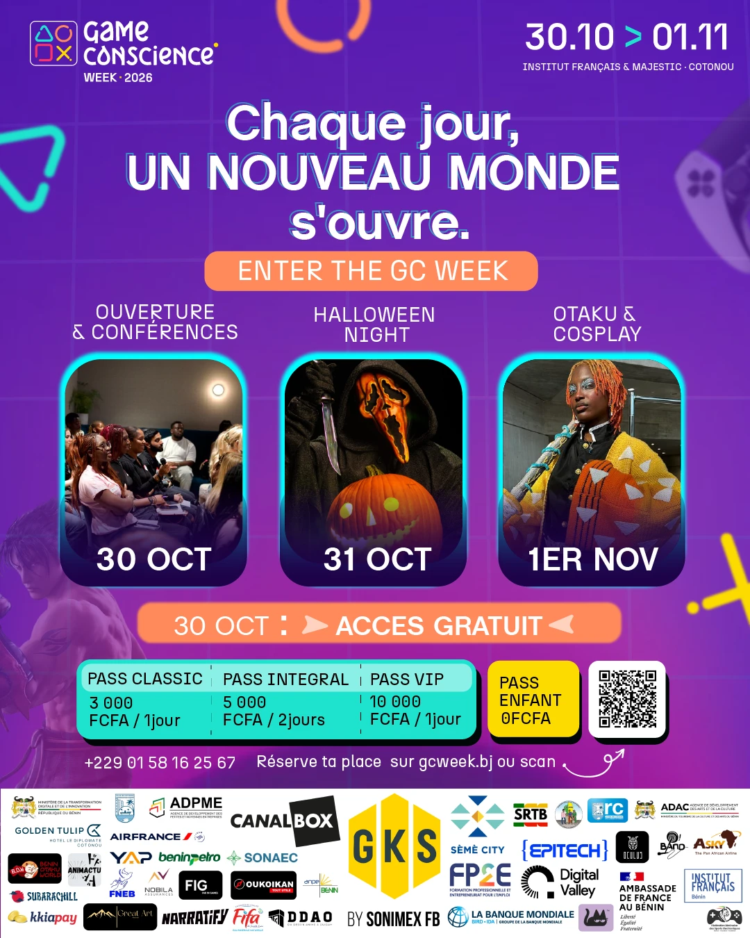 Affiche de la Game Conscience Week 2026 : ouverture et conférences le 30 octobre, Halloween Night le 31, Otaku et Cosplay le 1er novembre