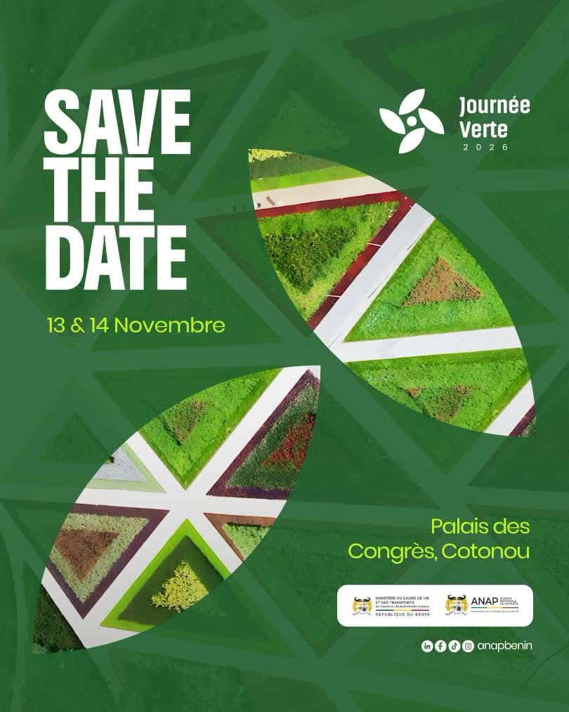 Affiche Save the date Journée Verte 2026, 13 et 14 novembre au Palais des Congrès de Cotonou