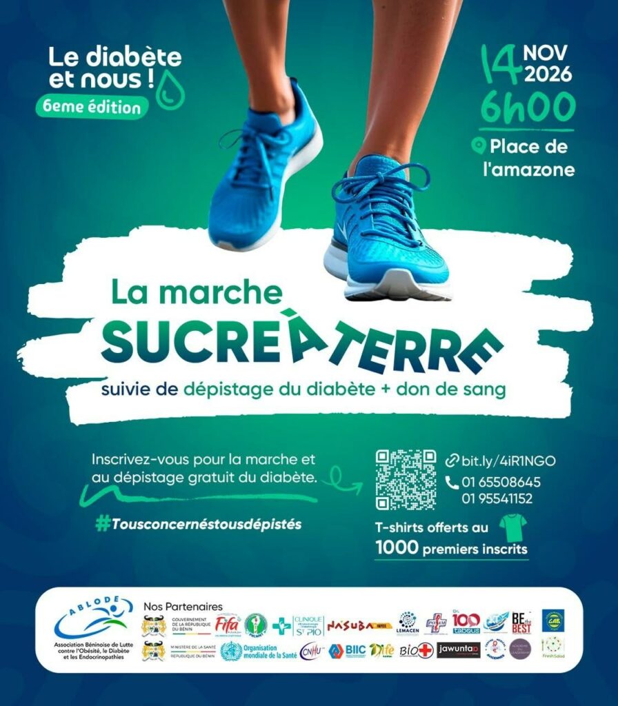 Affiche de la marche Sucre à Terre, 6e édition Le diabète et nous, 14 novembre à 6h place de l'Amazone